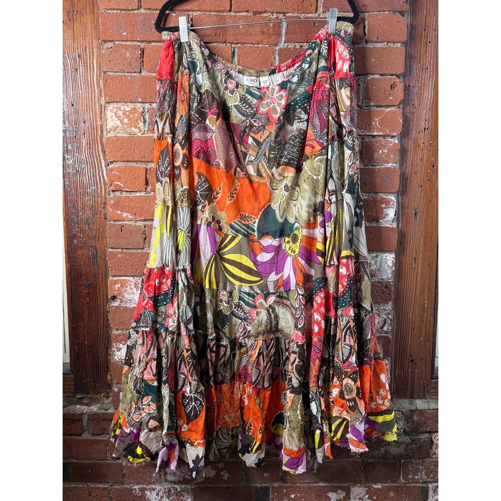 Vintage Cato Patchwork Tiered Multicolor Floral Paisley Scarf Skirt Boho 18-20